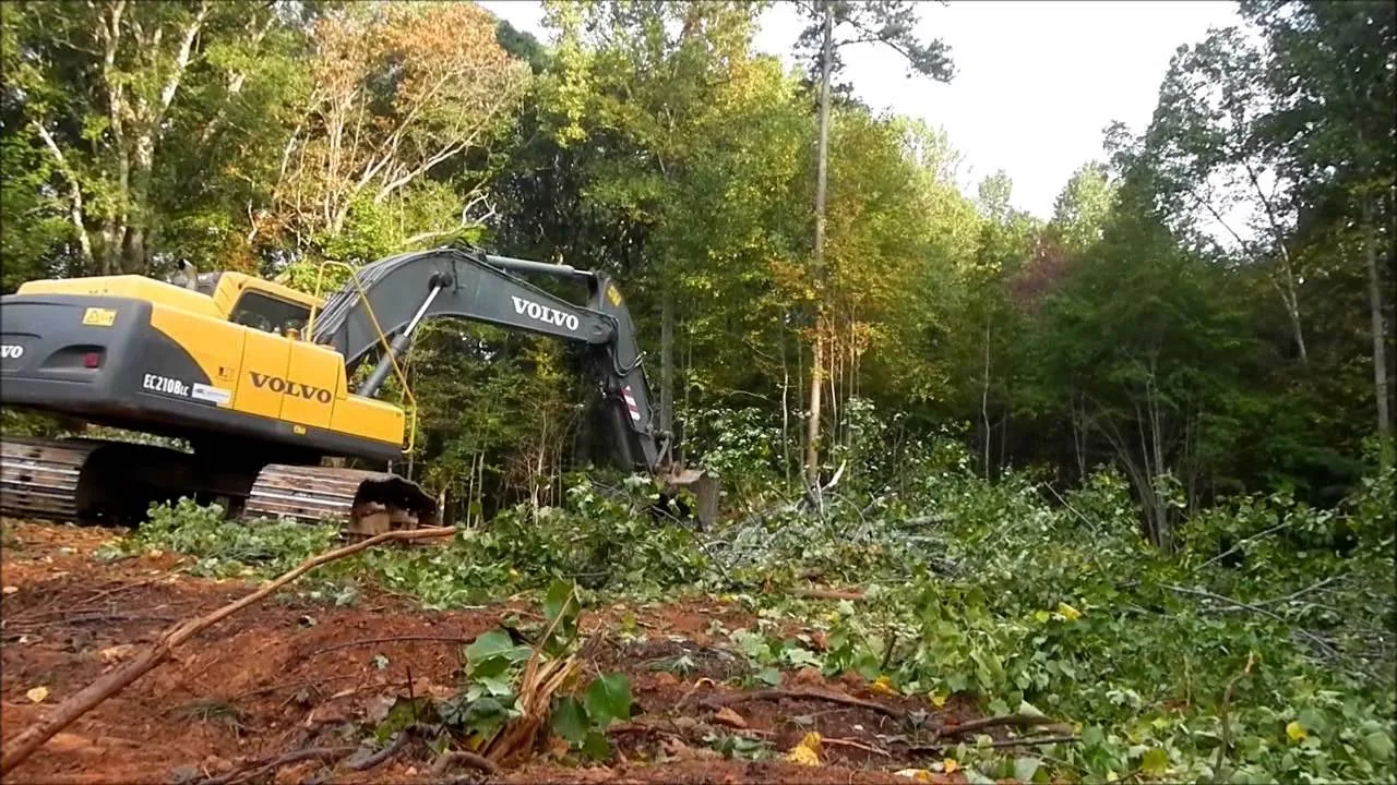 Tracked excavator pushing cut brush into a pile on red clay ground